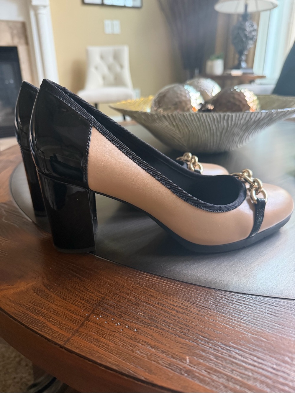 Anne Klein Celina Nude and Beige Women's Block Heel Pump with Gold Chain Accent